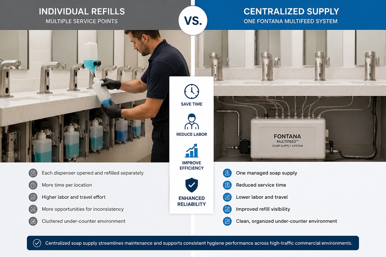 Side-by-side comparison of separate soap dispenser refills and one centralized Fontana Multifeed soap supply for commercial restroom maintenance